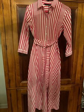 Zara Red and White Striped Button-Up Midi Dress Sz S gently worn